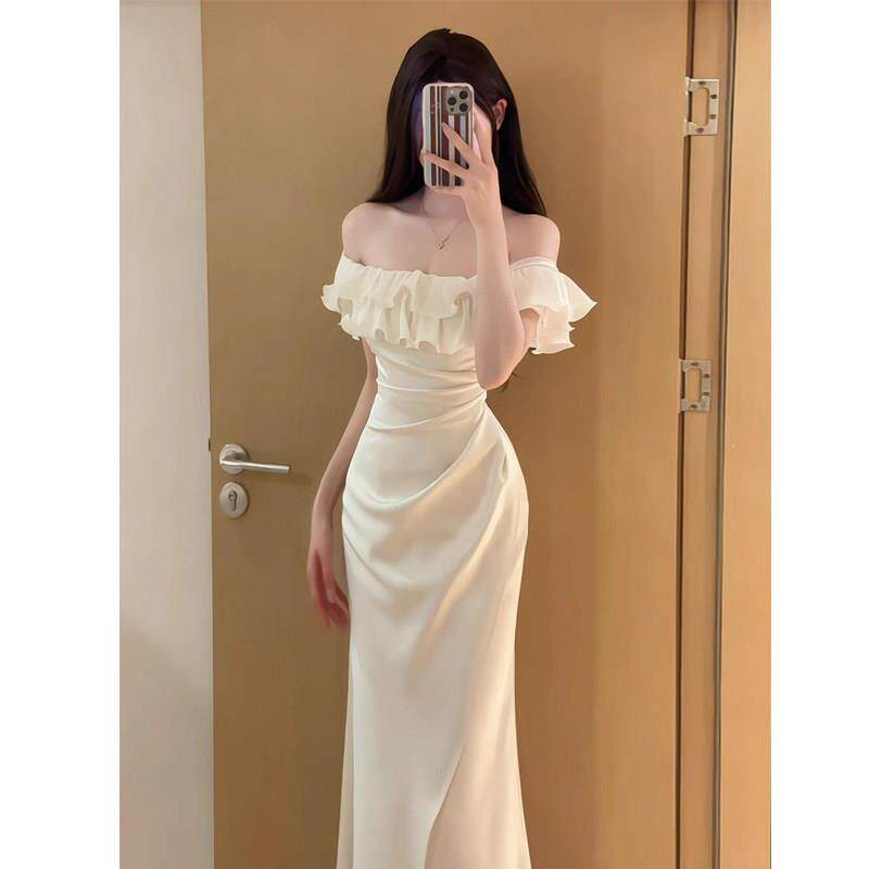 高级缎面真丝洋装女一字肩荷叶边修身开叉长裙宴会约会礼服裙