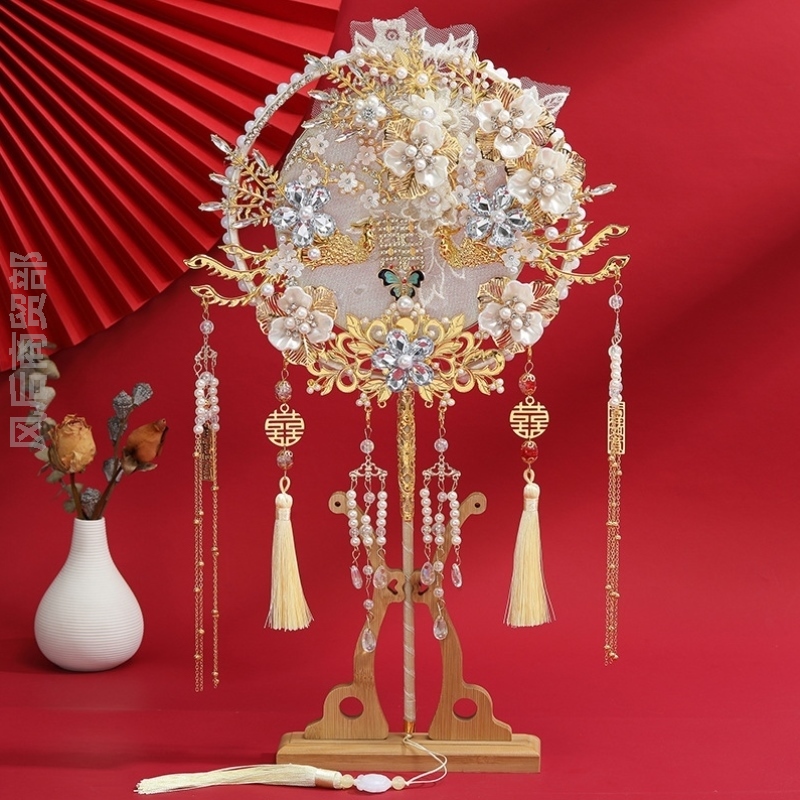 结婚用的扇子女材料新婚新娘团扇加厚手工拍摄长柄双面秀禾服旗袍