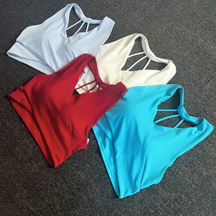 交叉褶皱修身瑜伽背心上衣带胸垫一体式性感深V挂脖美背运动文胸