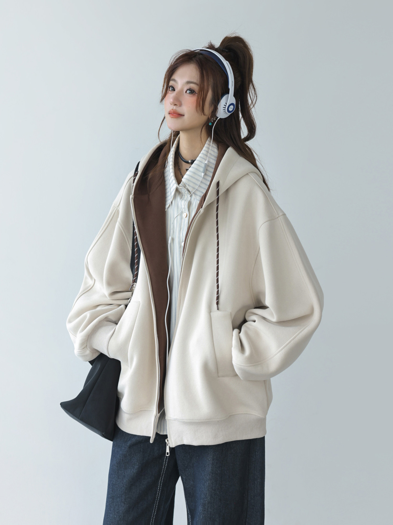 Gray Hooded Sweatshirt Women's Spring and Autumn American Lazy Chic Easiest for Match Jacket Zipper Cardigan