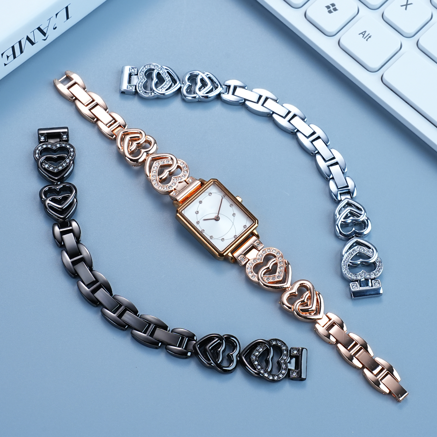 适配唯路时JONAS&VERUS手表女表带 爱心镶钻闪钻时尚真皮表带14mm