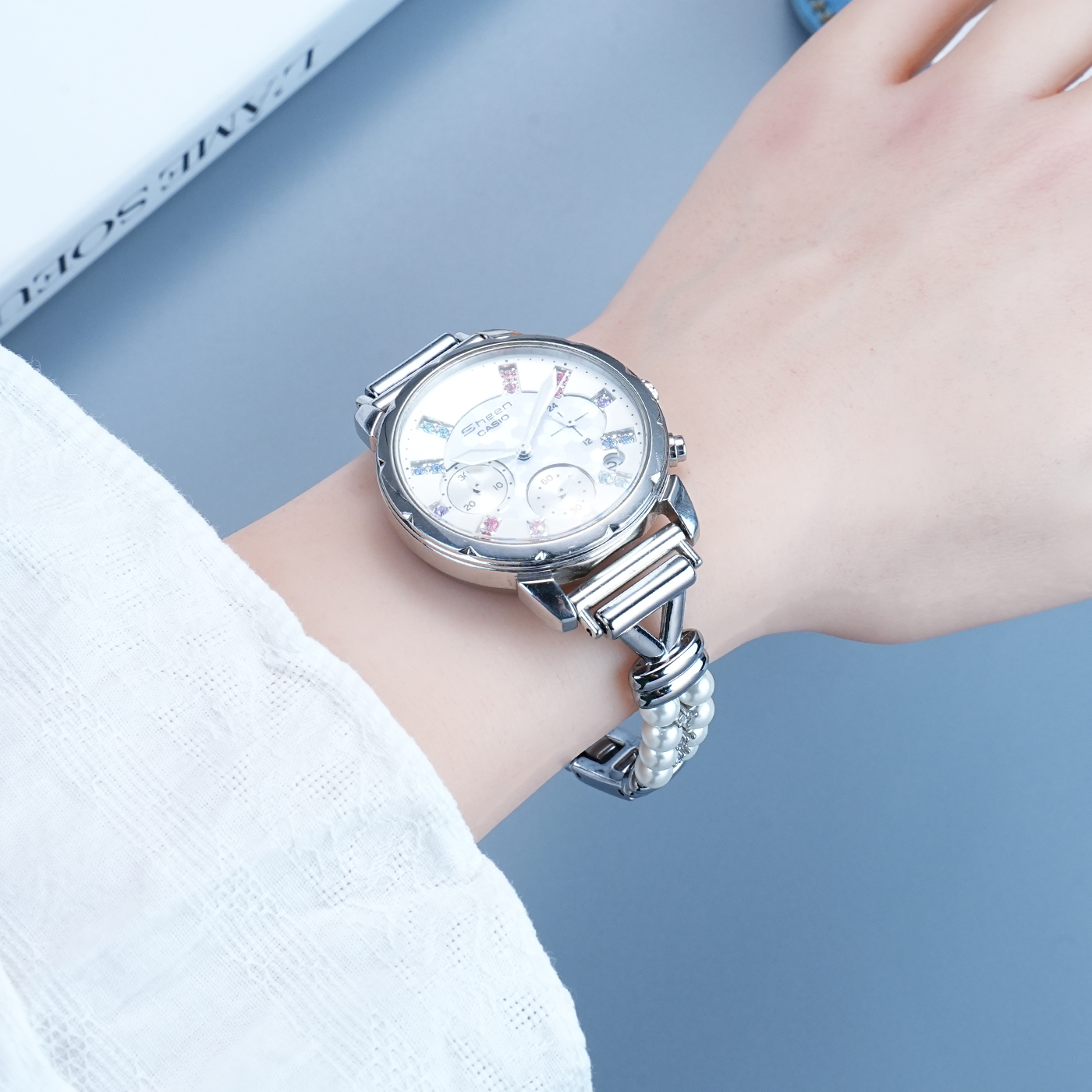 适配CASIO卡西欧表5010 5012系列表链 珍珠镶钻快拆女士优雅表链