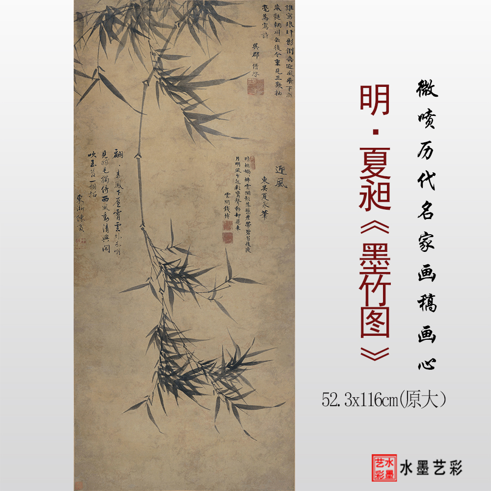 明代夏昶墨竹图临摹画稿底稿画心