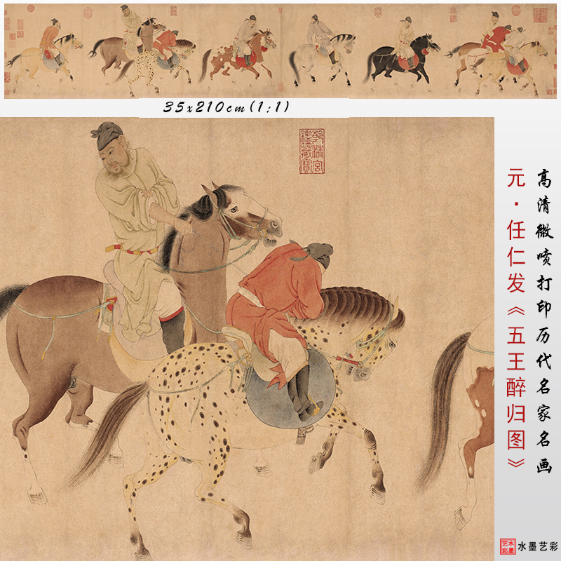 元 任仁发 五王醉归图 元代人物仿古画临摹画稿范本微喷装饰画心