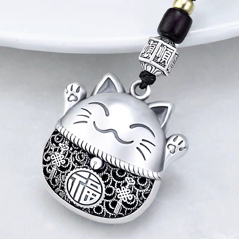 钛银招财猫汽车钥匙扣挂件男女士创意手工高档钥匙绳个性饰品