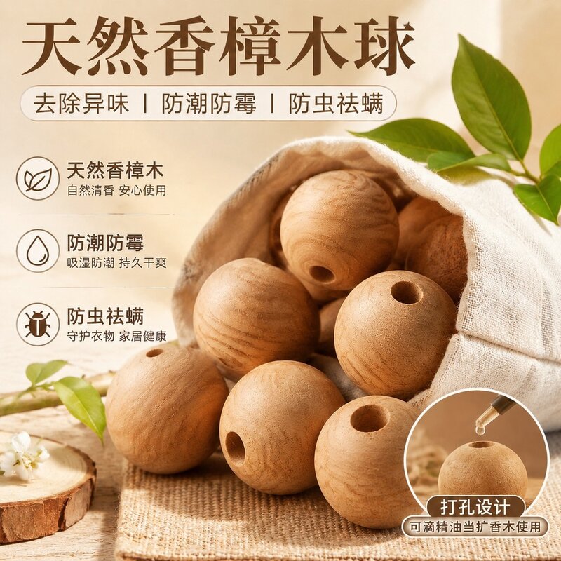 【可当扩香木】天然香樟木球打孔可滴精油衣柜防虫祛螨防潮防霉