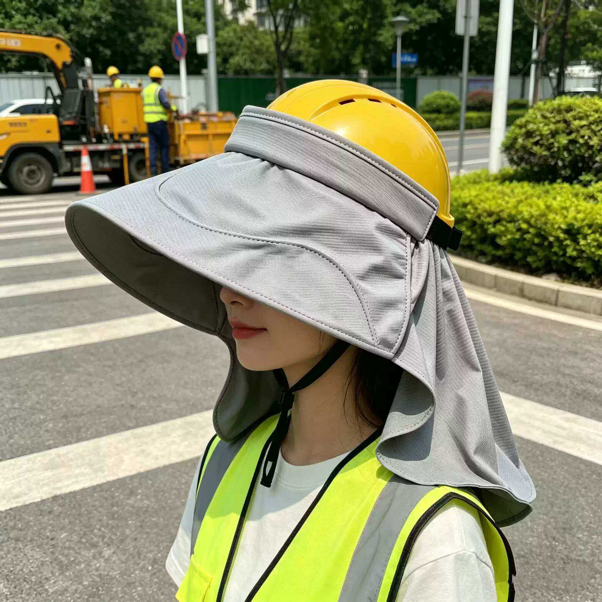 户外工地安全帽防晒檐男女夏季骑车头盔冰丝遮阳帽子防紫外线披肩