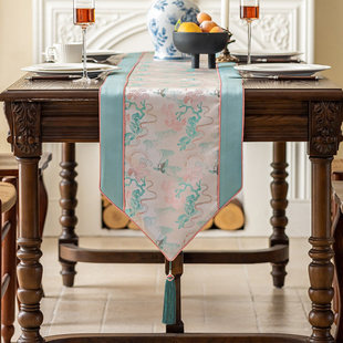 新中式国风桌旗布粉禅意长条茶桌垫布床旗宋代美学茶席法式茶几旗