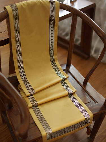 金色桌旗中式禅意茶席中国风茶旗蓝色回纹新中式床尾巾床旗茶几旗