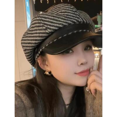 春秋英伦风条纹皮檐八角帽子女新款时尚显脸雷帽画家帽0121n