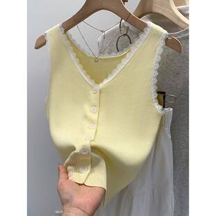 春夏法式V领蕾丝边黄色针织开衫背心女外穿泰式独绝美感上衣0226z