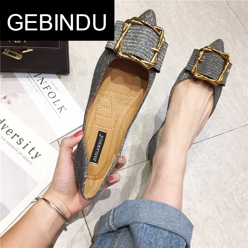 GEBINDU轻奢BLING亮片单鞋女尖头鞋2018夏季新款金属扣浅口套脚平