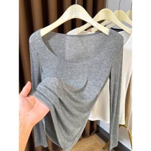 内搭露锁骨低领0325z 基础款 春夏大圆领针织长袖 T恤女薄2026新款