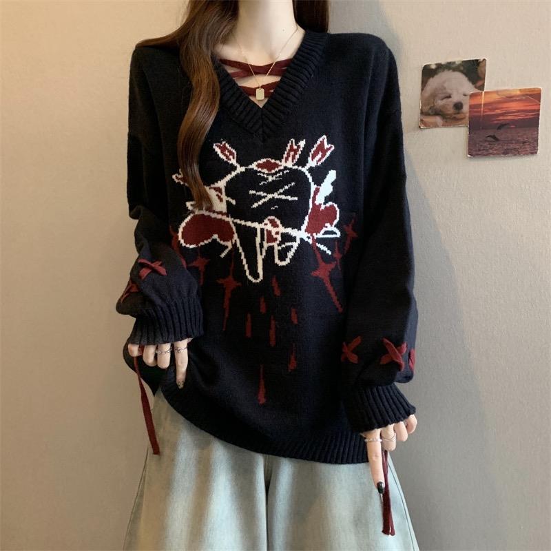 秋冬显瘦洋气针织衫女装毛衣上衣大码遮肚子甜酷V领女胖mm宽0928c