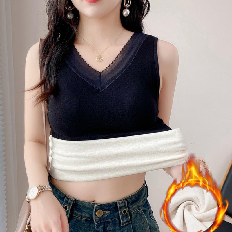 秋冬保暖加绒背心女加厚蕾丝带胸垫内搭修身高档上衣打底衫1130z