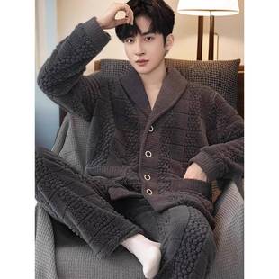 秋冬男士珊瑚绒睡衣加绒加厚保暖法蓝绒格子提花翻领家居服1114z