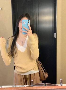 大码胖mm2026春季新款时尚双层V领长袖针织衫撞色百搭打底上0110w