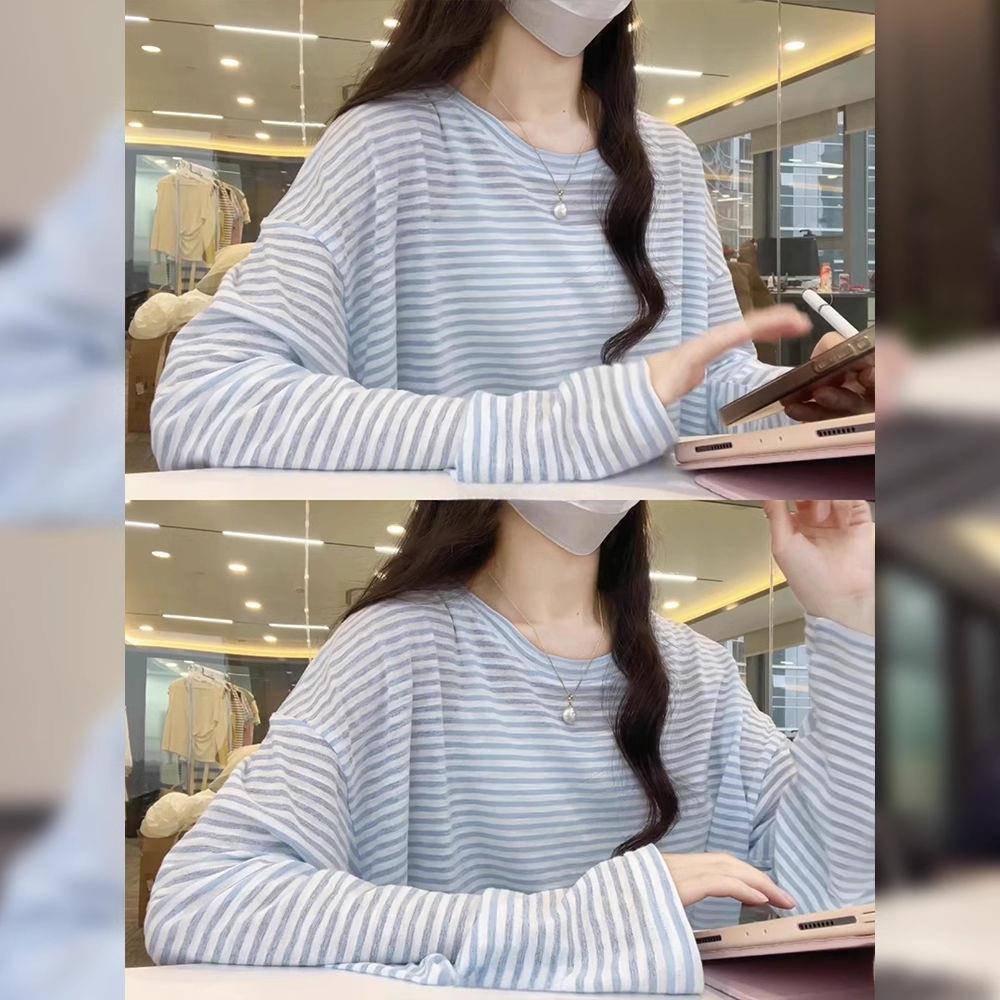 蓝色条纹长袖T恤女设计感小众韩版宽松夏季薄款防晒罩衫休闲0903z