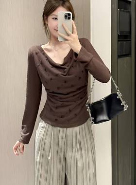 大码胖mm感荡领收腰针织衫女2026春秋巨显瘦百搭打底长袖上0110w