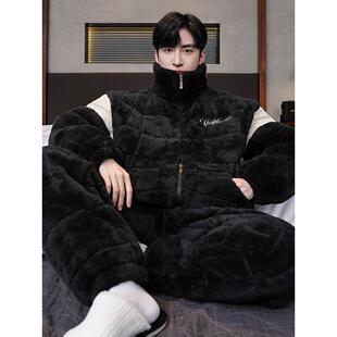 男士睡衣男款冬季珊瑚绒加绒加厚三层夹袄高领拉炼家居服套1111w