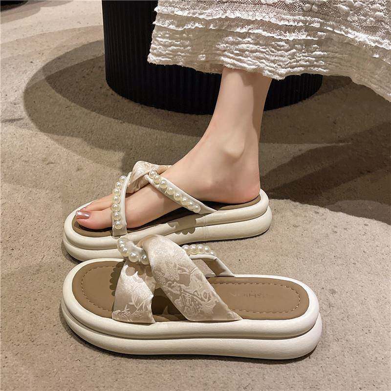 新款夏春法式凉拖鞋女外穿2026年时尚交叉珍珠厚底新中式沙0318k