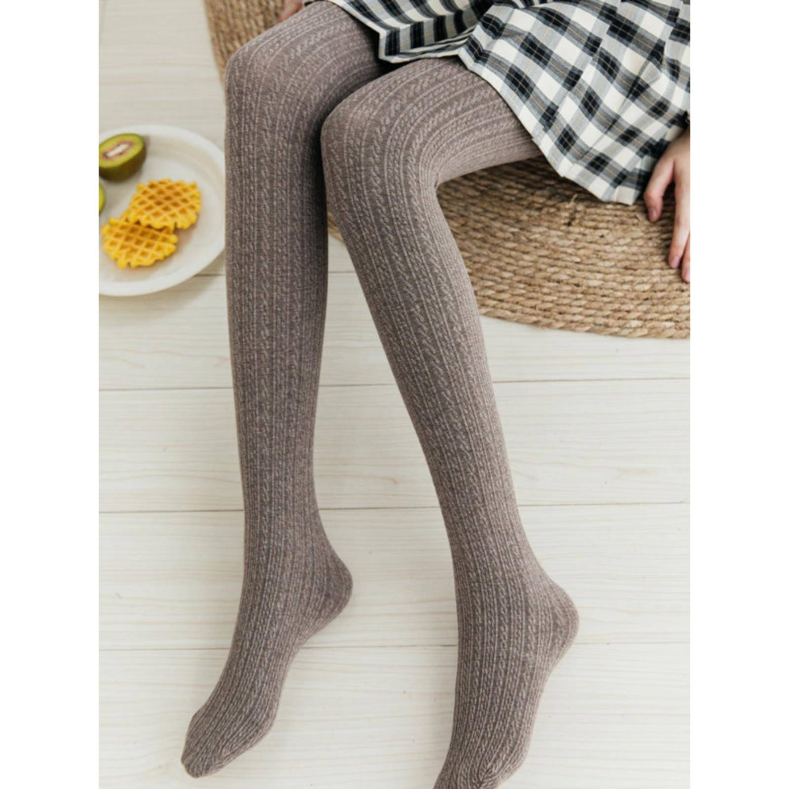 秋冬针织麻花打底裤女条纹米白灰咖色连裤袜踩脚九分打底袜1029z