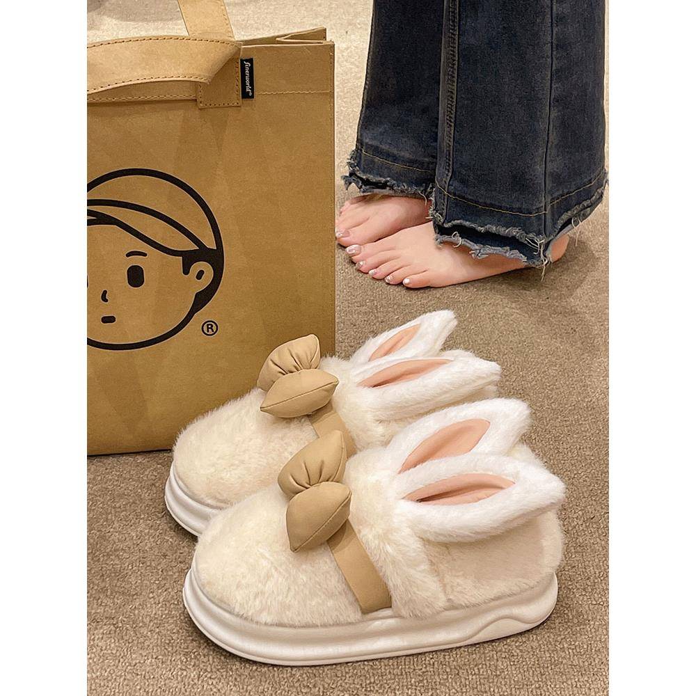 秋冬包跟鞋女室内居家毛绒月子保暖防滑兔耳朵蝴蝶结拖鞋1126z