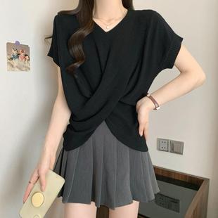 T恤针织衫 大码 微胖MM遮肚子短袖 设计感不规则短款 0624z 上衣女夏季