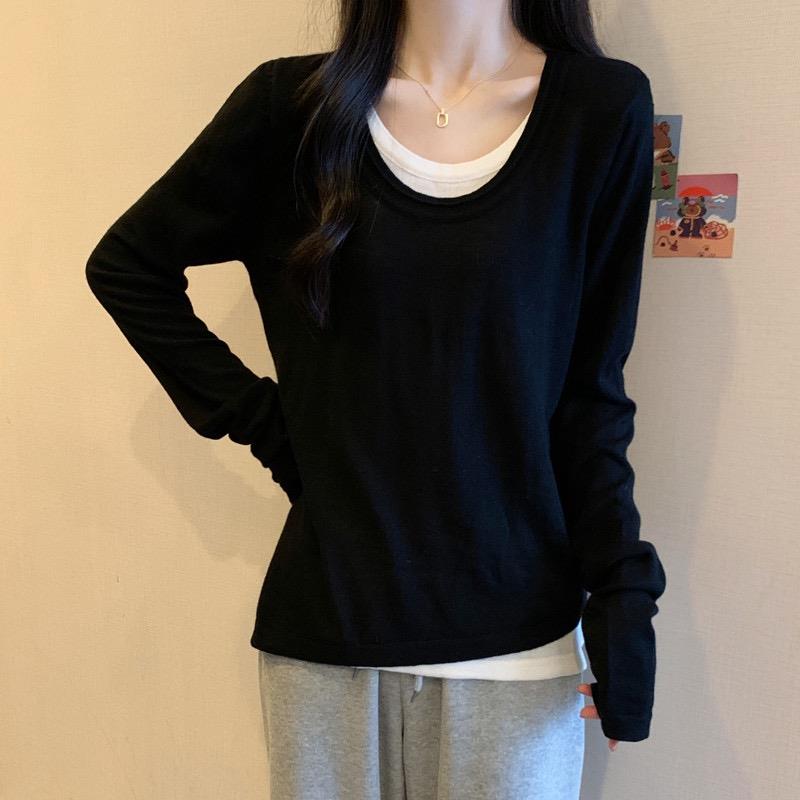 冬季大码女装胖mm假两件正肩长袖针织衫女宽松显瘦洋气遮肚1014c