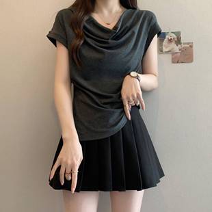 微胖mm设计感不规则独特漂亮0623z 荡领短袖 T恤女2025新款 夏季 大码