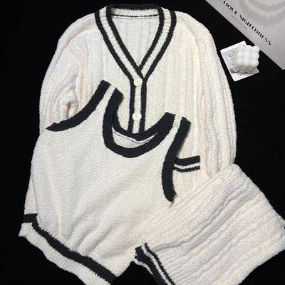 三件套睡衣女冬加绒加厚珊瑚绒吊带背心坑条绒毛绒家居服1111w