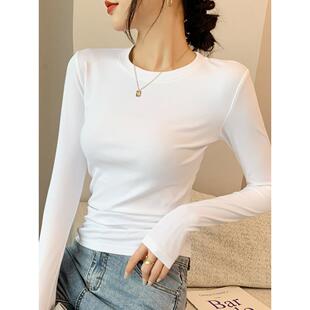 春夏白底女式衬衫2026新款圆领纯长袖t恤修身内上装款式0301e