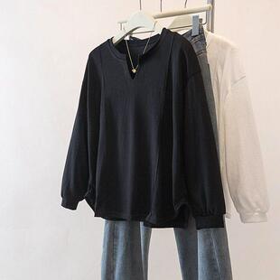 胖妹妹简约气质显瘦0325z 大码 春夏休闲风半开领宽松长袖 T恤女装