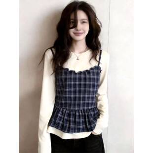 春夏减龄格纹吊带拼接T恤女大码 0325z 胖妹妹感洋气百搭打底衫