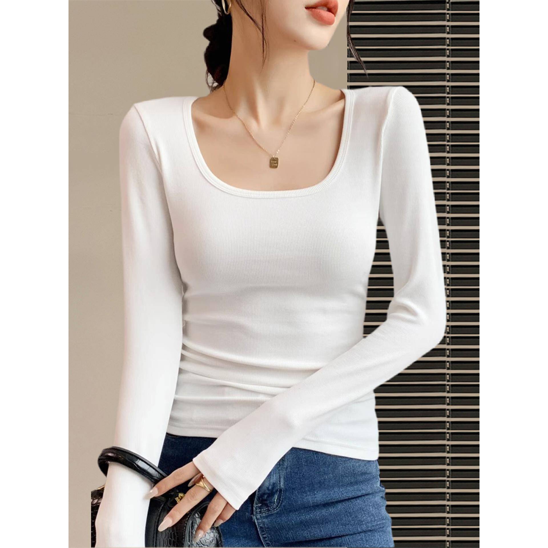 白色U领打底衫女秋季内搭低领打底衫修身显瘦大领口锁骨方领1123r