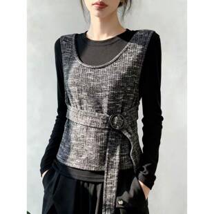 胖妹妹时尚 大码 气质显瘦0325z 感绑带收腰假两件T恤女装 春夏韩版