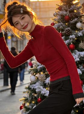 新年红色半拉链立领长袖T恤秋冬季内搭打底衫双面保暖上衣0115k