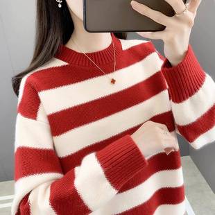 秋冬女毛衣打底条纹新款 圆领上1011k 加绒加厚2025洋气宽松针织衫