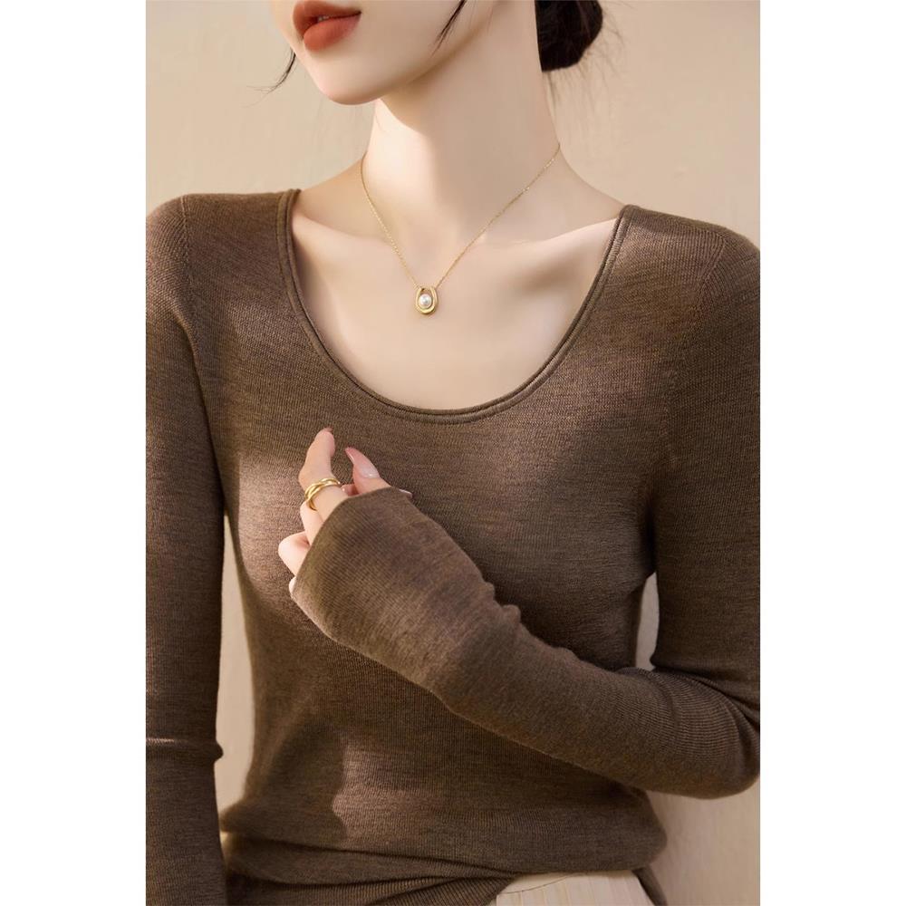 秋冬U领长袖针织衫女修身露锁骨毛衣内搭美拉德打底衫上衣1209w