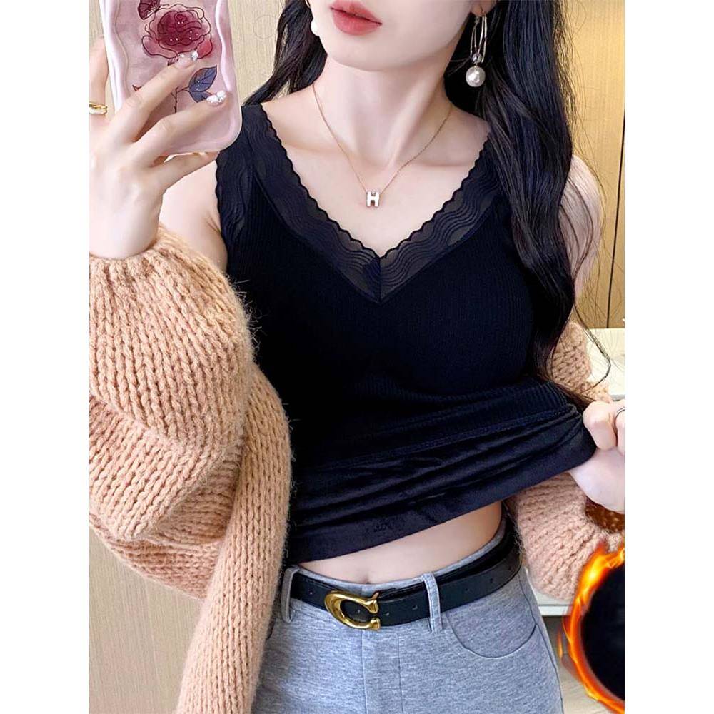 加绒加厚背心女秋冬季高质蕾丝带胸垫秋衣内搭吊带打底衫保1129r