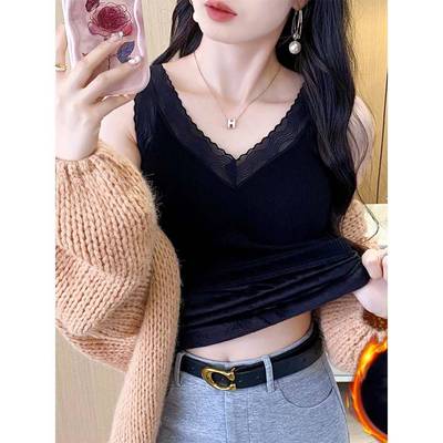 加绒加厚背心女秋冬季高质蕾丝带胸垫秋衣内搭吊带打底衫保1202r