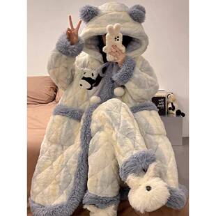 秋冬三层夹袄睡衣女新款加厚保暖长袍熊猫连帽毛绒家居服套1114z