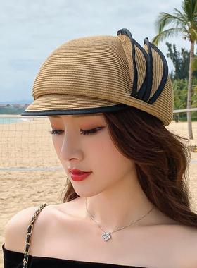遮阳防晒遮阳帽士兔子耳朵八角草帽圆顶贝雷帽春女士帽子0123k
