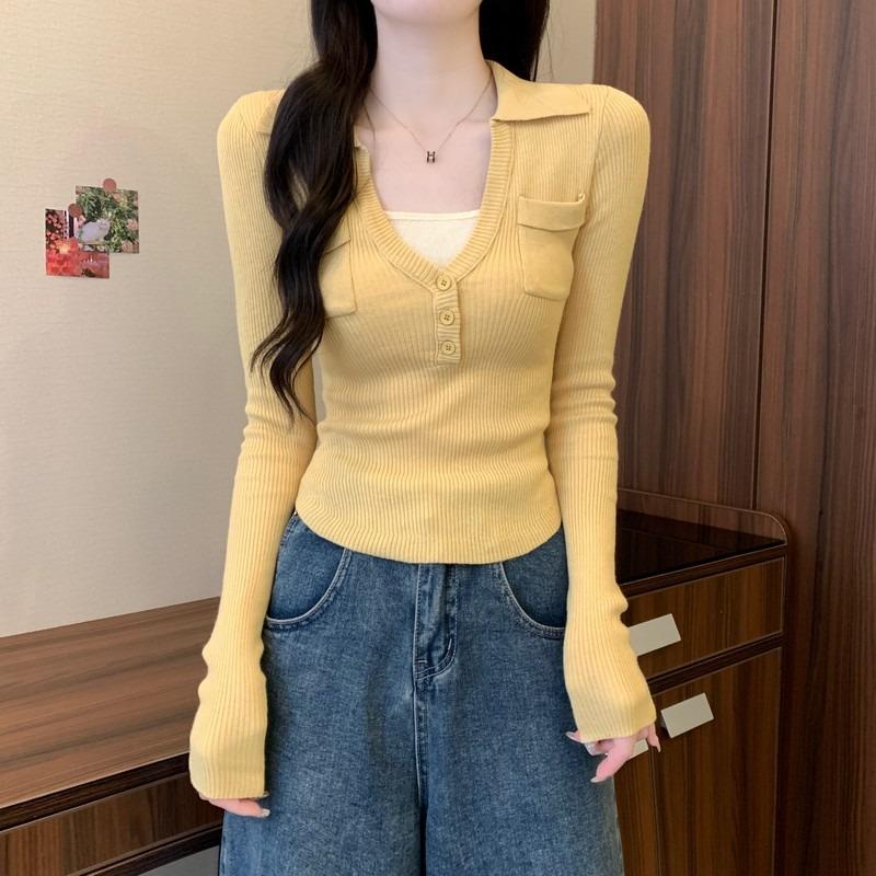 冬季黄色V领针织打底衫女氛围感穿搭独漂亮miu里爵舞长袖上1014c