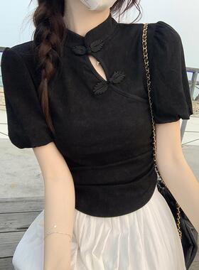 夏季中式女装中国风黑色短袖t恤女2026新款爆款短款气质盘扣0519z