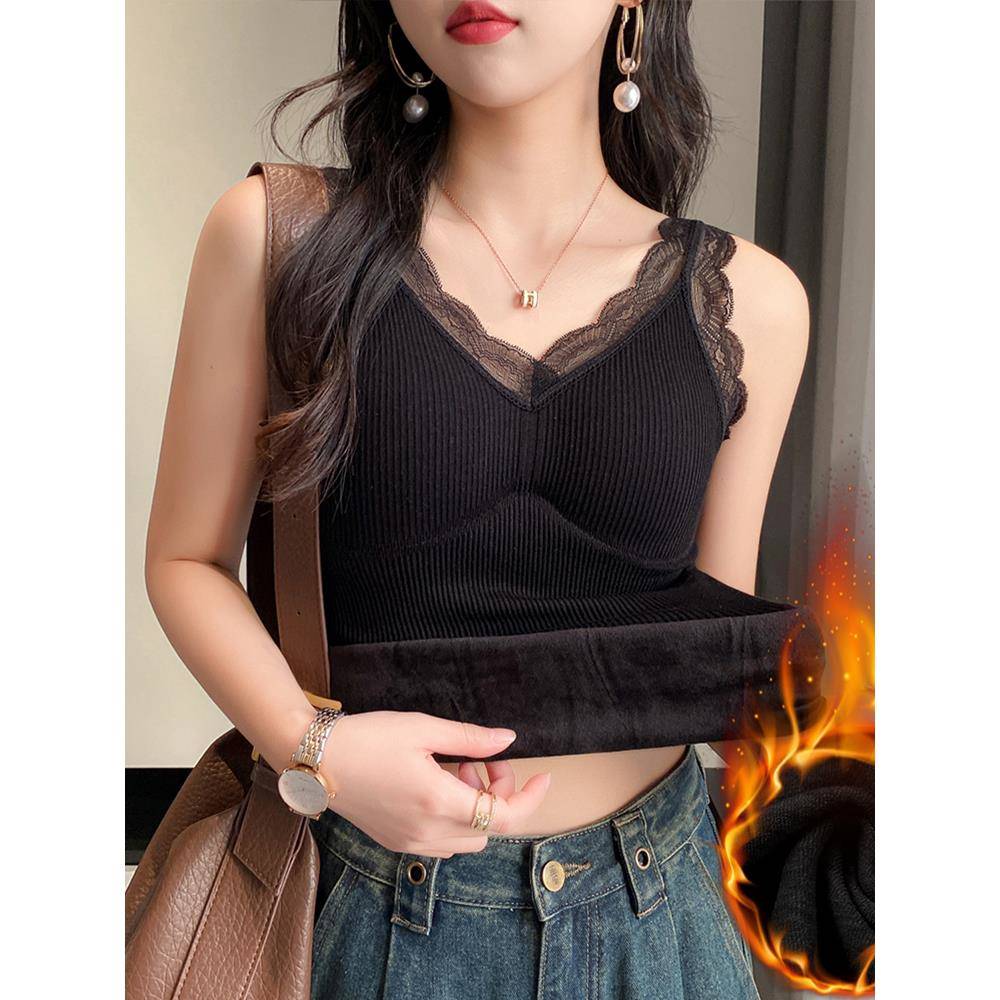 加绒加厚吊带背心女蕾丝美背冬季保暖上衣带胸垫内搭弹打1202r