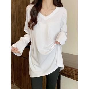 T恤鲨鱼裤 秋冬白色V领打底衫 长袖 宽松内搭中长款 搭配1227z 女新款