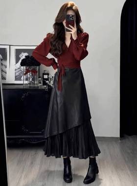 春季黑色皮裙百褶裙a字半身裙秋高腰显瘦伞裙不规则大摆长0115k