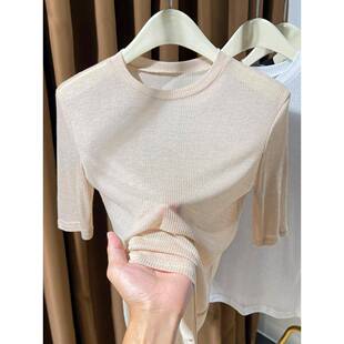 小圆领内层衬衫 上衣2026新款 弹性紧身0325z 中袖 春夏薄绸针织女式