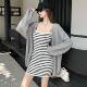 镂空开衫 条纹针织吊带洋装 女春秋收腰显瘦包臀短裙中长版 两0206r